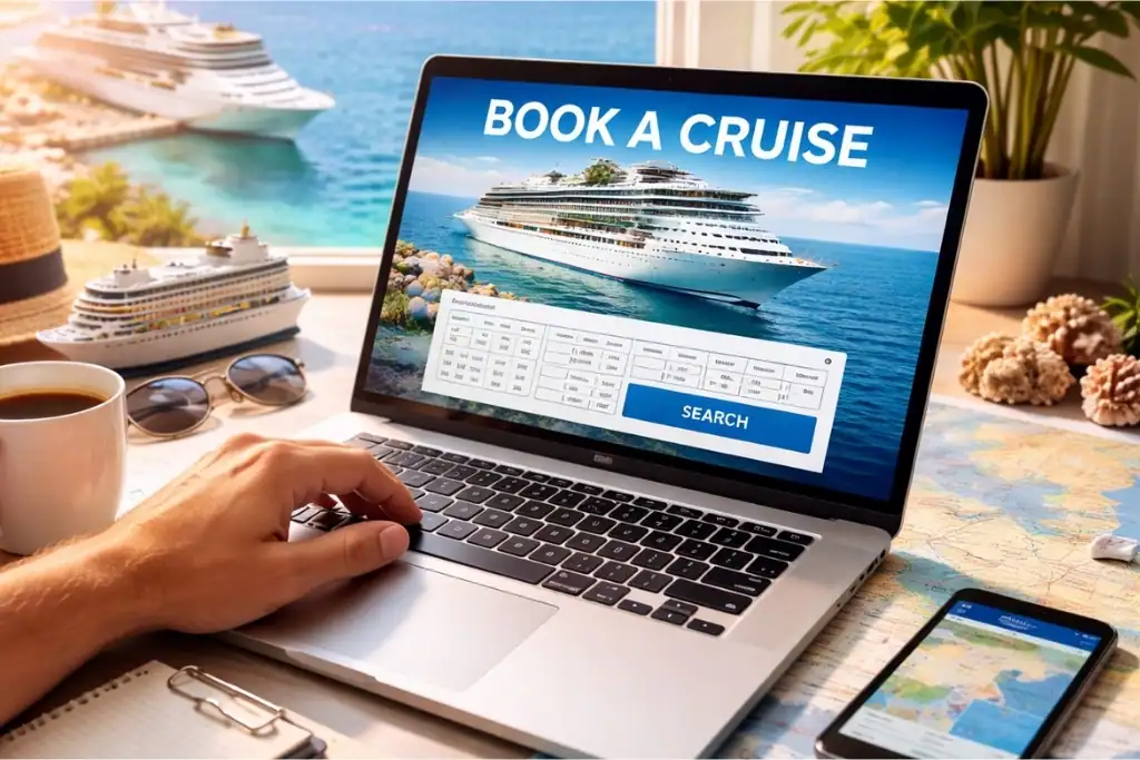 person booking a cruise online using a laptop with tropical travel planning setup and travel planning tools