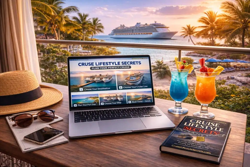 laptop booking cruise travel deals on a hotel balcony overlooking the ocean with a cruise ship in the background
