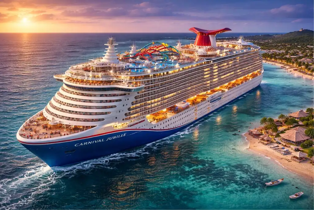 carnival jubilee cruise ship with bolt roller coaster on top deck sailing near tropical coast