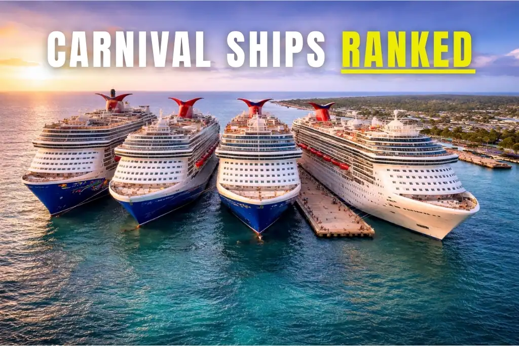 multiple carnival cruise ships docked together showing differences in ship size