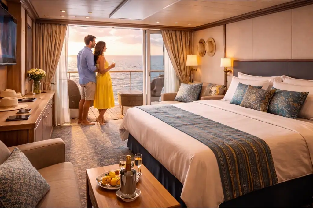 cruise ship balcony cabin with ocean view and couple standing near the window