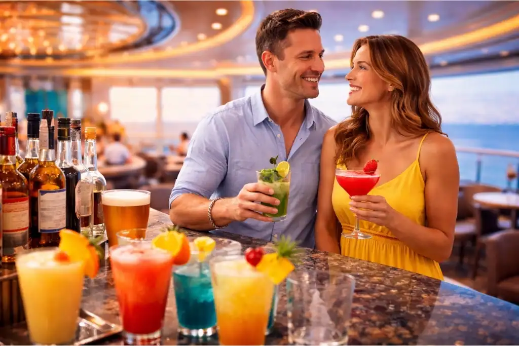 cruise ship balcony cabin with ocean view and couple standing near the window
