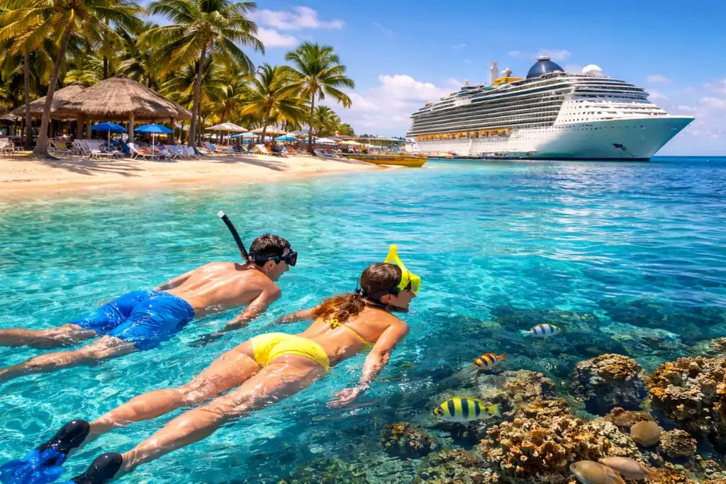 couple snorkeling in clear tropical water near a cruise ship docked at a beach