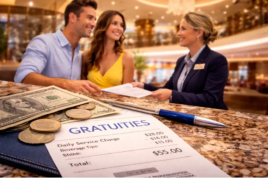 cruise ship guest reviewing onboard bill with gratuities and tipping charges
