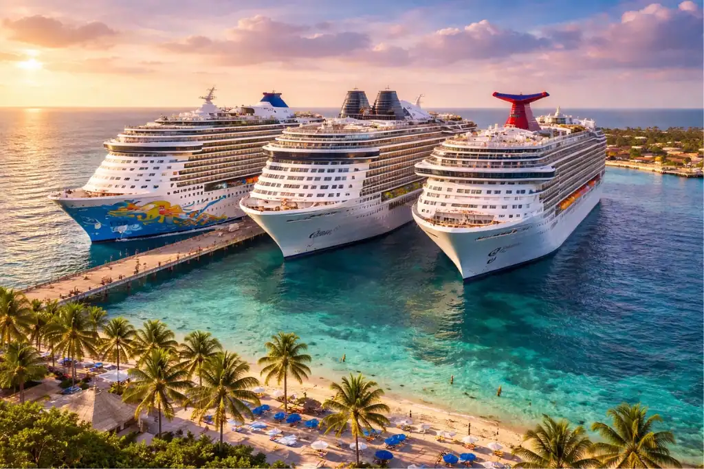 multiple cruise ships from different cruise lines docked side by side at a tropical port