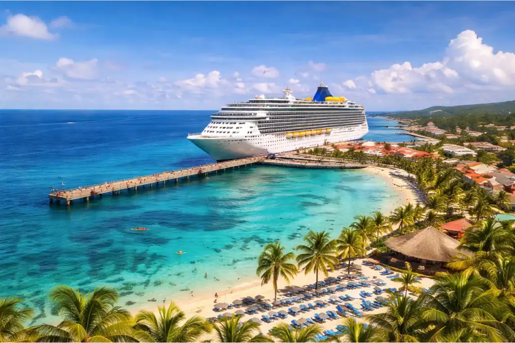 cruise ship docked at a tropical island port with clear water and palm trees