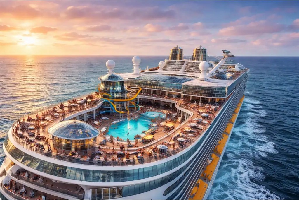 top view of a modern cruise ship deck with pools and amenities sailing in the ocean