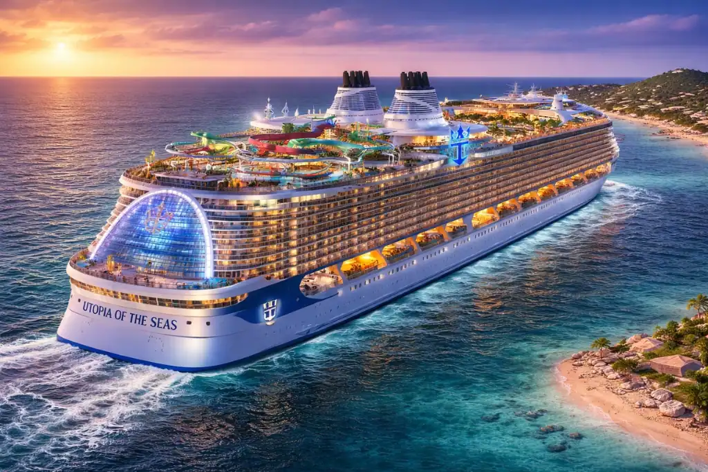 icon of the seas cruise ship sailing near tropical island showing water park and aqua dome