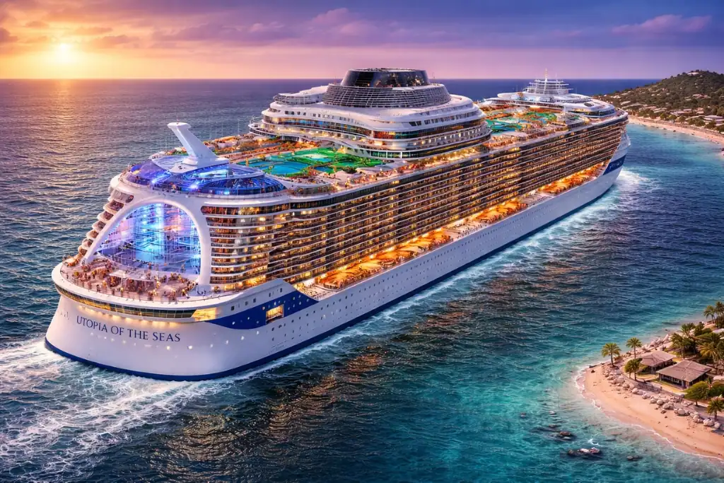 utopia of the seas cruise ship at sunset showing top deck attractions and aqua theateraqua theater