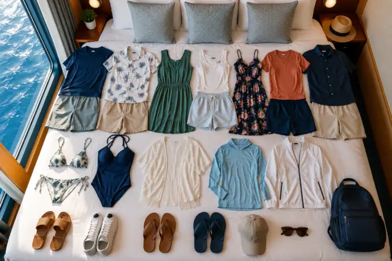7 day cruise packing list with outfits and essentials for a week long cruise