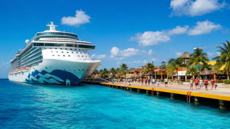Cruise ship docked at the Cozumel cruise port with turquoise water, passengers walking along the pier, and tropical port shops in the background