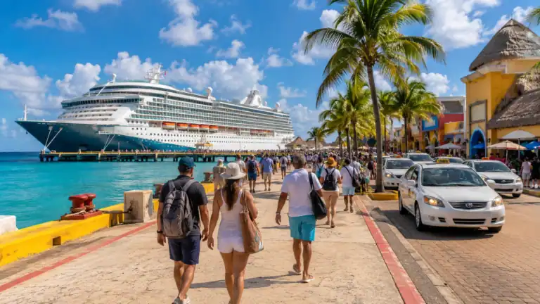Cozumel cruise port map guide showing cruise passengers near the pier with shops, taxis, palm trees, and a cruise ship in the background