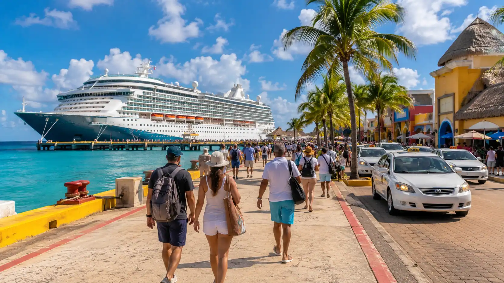 Cozumel cruise port map guide showing cruise passengers near the pier with shops, taxis, palm trees, and a cruise ship in the background