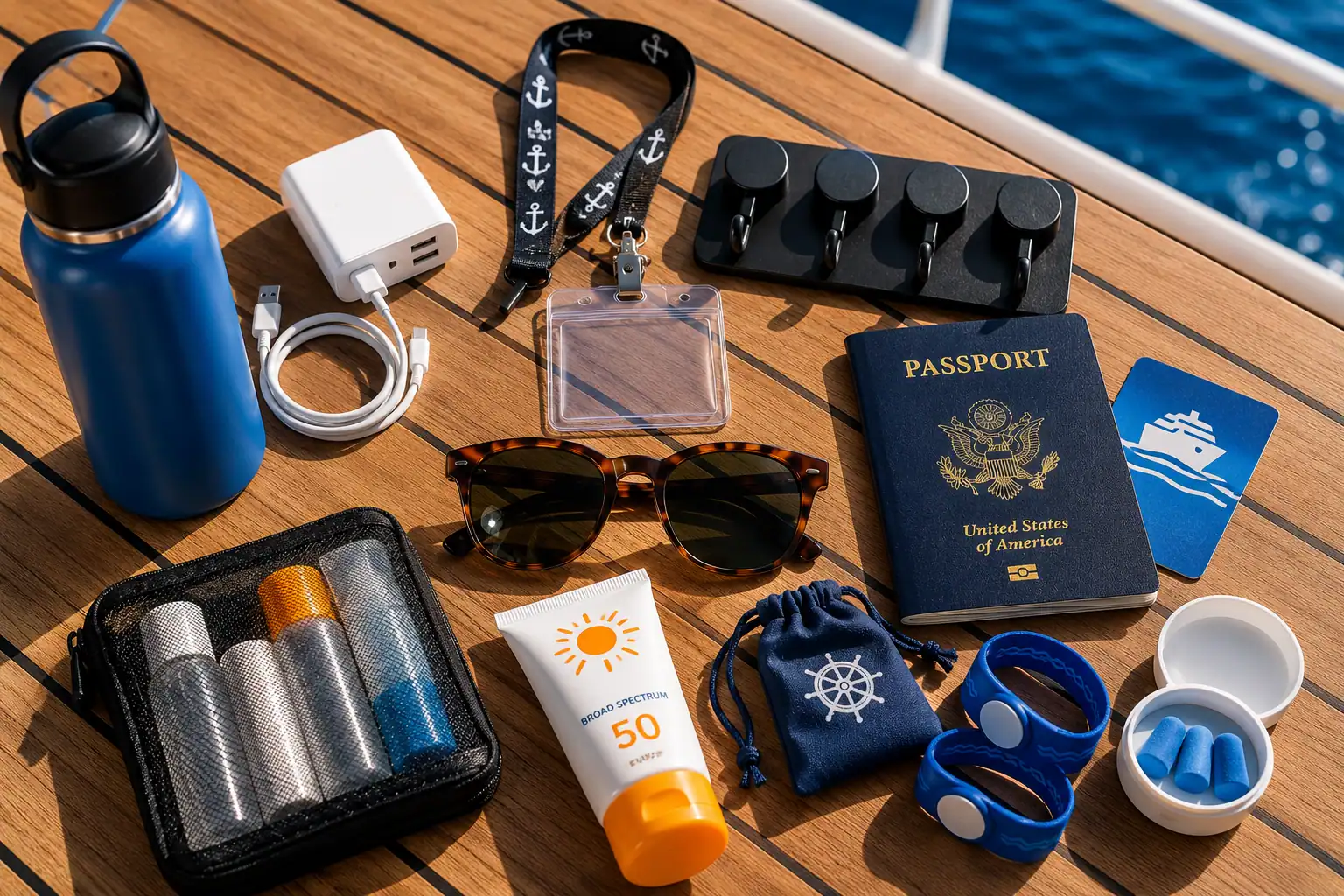 Cruise essentials for first time cruisers including passport lanyard charger sunscreen and magnetic hooks