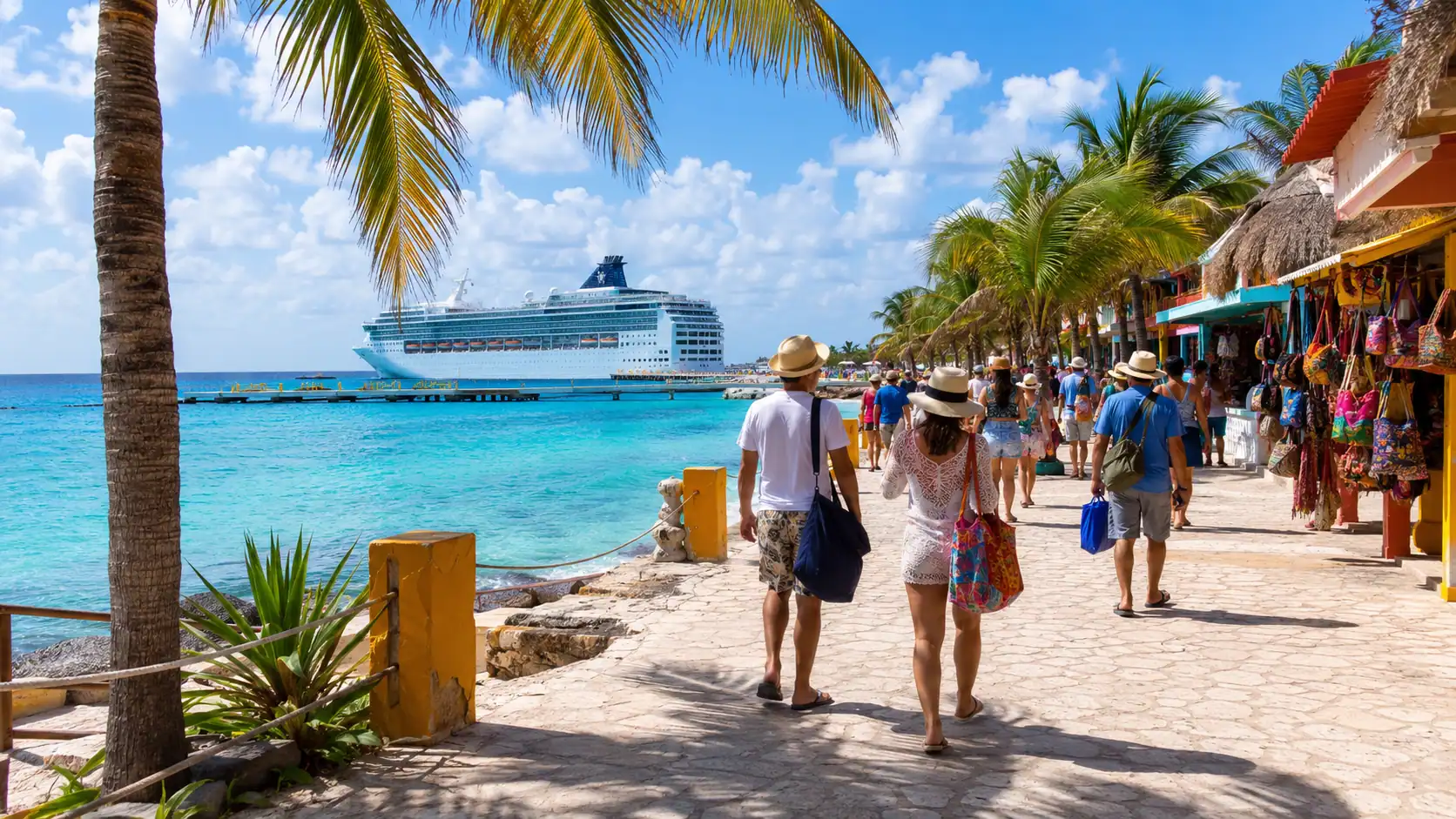 Cruise passengers exploring Cozumel near the cruise port with turquoise water, palm trees, shops, and a cruise ship in the background
