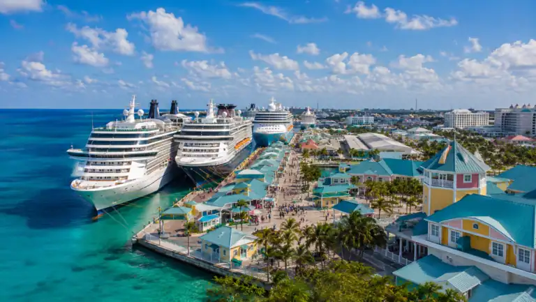 Nassau Cruise Port at Prince George Wharf with cruise ships docked beside downtown Nassau