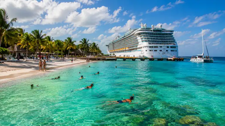 Cruise passengers enjoying a tropical beach and snorkeling excursion in Cozumel during a Caribbean cruise port stop.