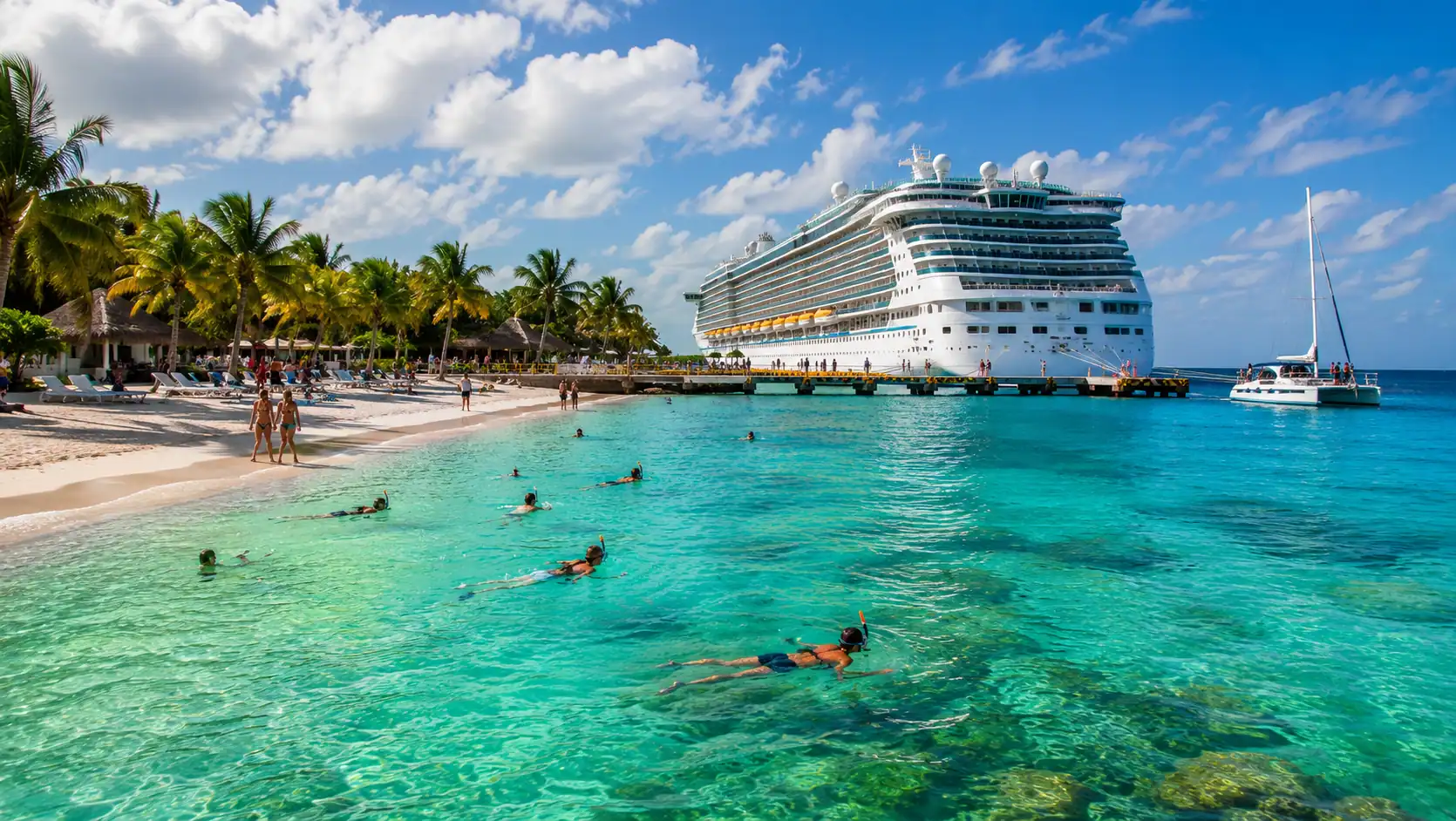 Cruise passengers enjoying a tropical beach and snorkeling excursion in Cozumel during a Caribbean cruise port stop.