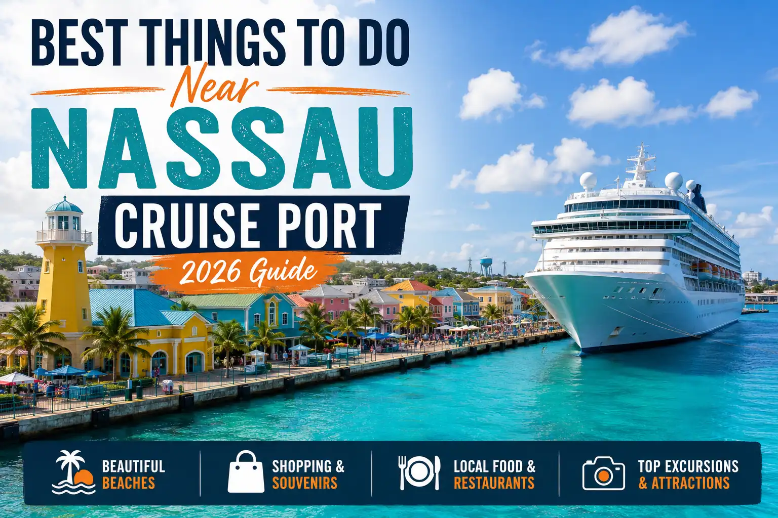 Cruise ship docked at Nassau Cruise Port with colorful waterfront buildings in Nassau, Bahamas.