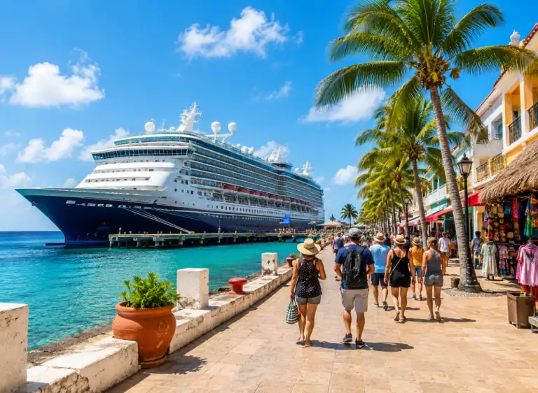 Cruise ship docked at Cozumel cruise port with passengers walking toward downtown San Miguel under palm trees.