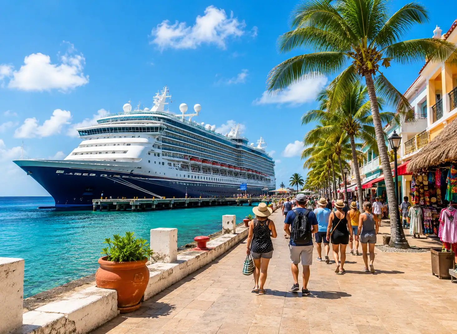 Cruise ship docked at Cozumel cruise port with passengers walking toward downtown San Miguel under palm trees.
