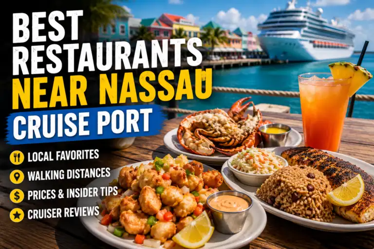 Best Restaurants Near Nassau Cruise Port featuring Bahamian seafood, tropical drinks, and a cruise ship docked in Nassau, Bahamas.