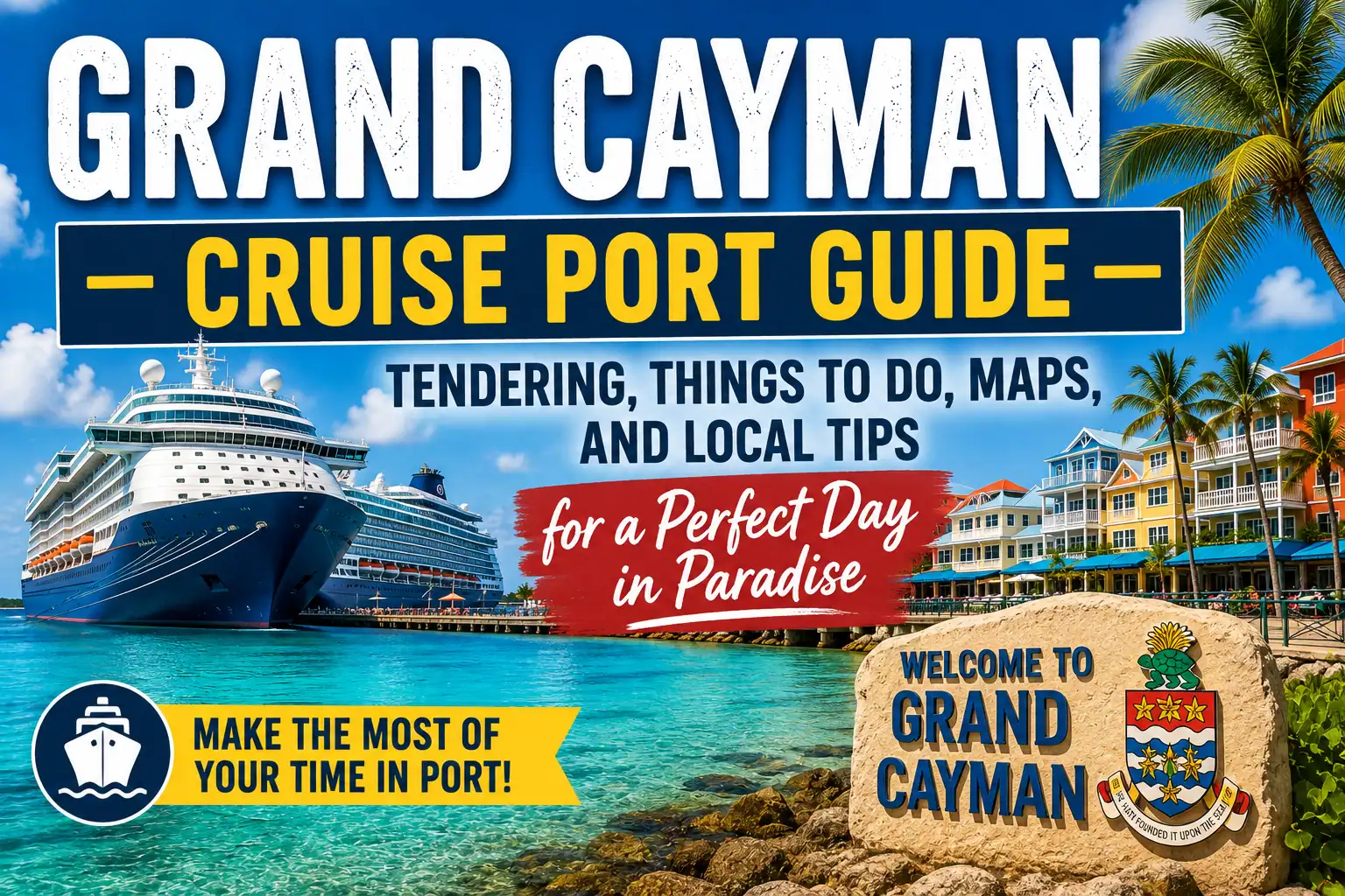 Grand Cayman Cruise Port Guide with cruise ships, George Town waterfront, and tender port overview