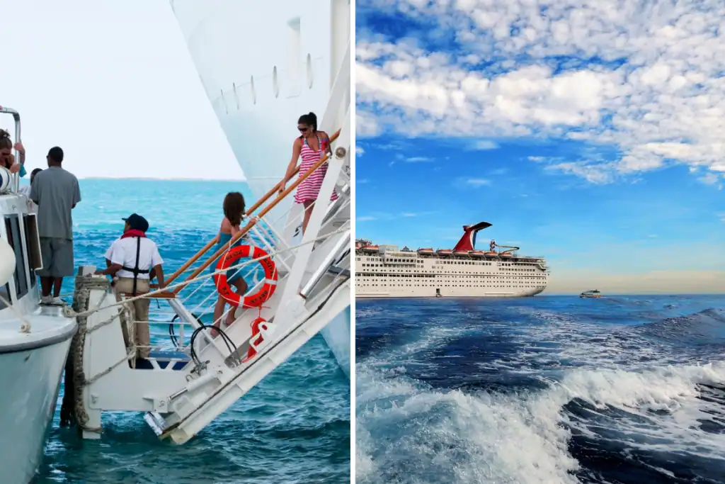 Cruise passengers using tender boats to reach George Town, Grand Cayman from a cruise ship anchored offshore