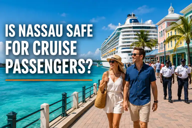 Is Nassau safe for cruise passengers? Tourists walking through Nassau Cruise Port near a docked cruise ship in the Bahamas.