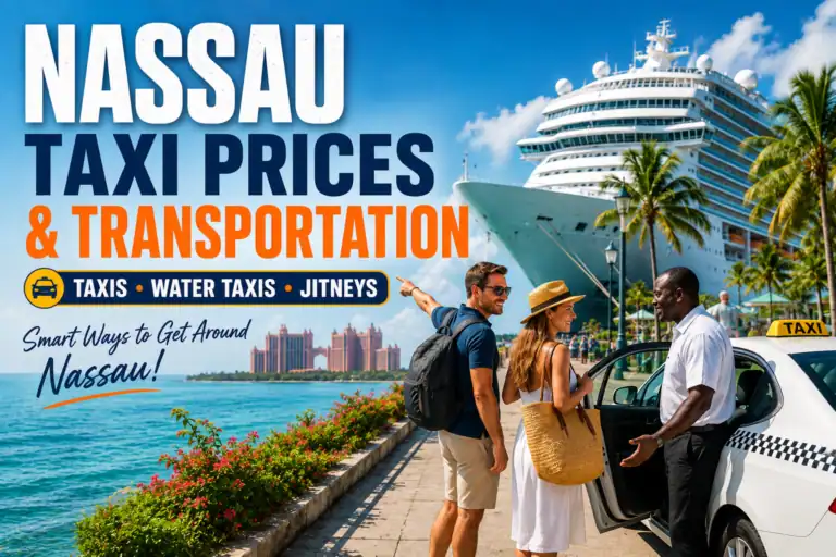 Licensed taxi at Nassau Cruise Port with cruise passengers arriving at Prince George Wharf in Nassau, Bahamas.