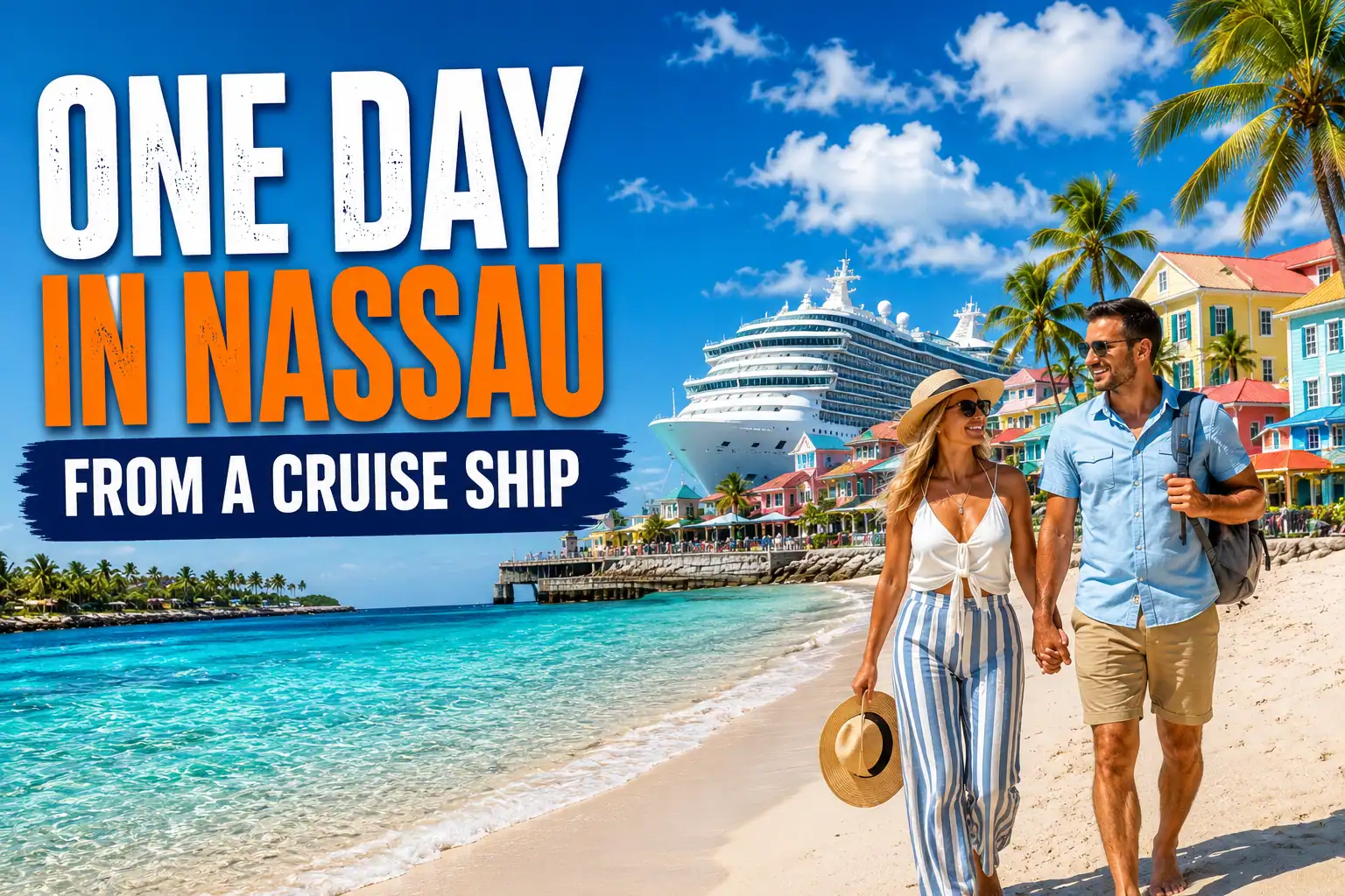 Cruise passengers enjoying a perfect one-day itinerary in Nassau, Bahamas, with a beach, downtown, and a cruise ship docked at Prince George Wharf.