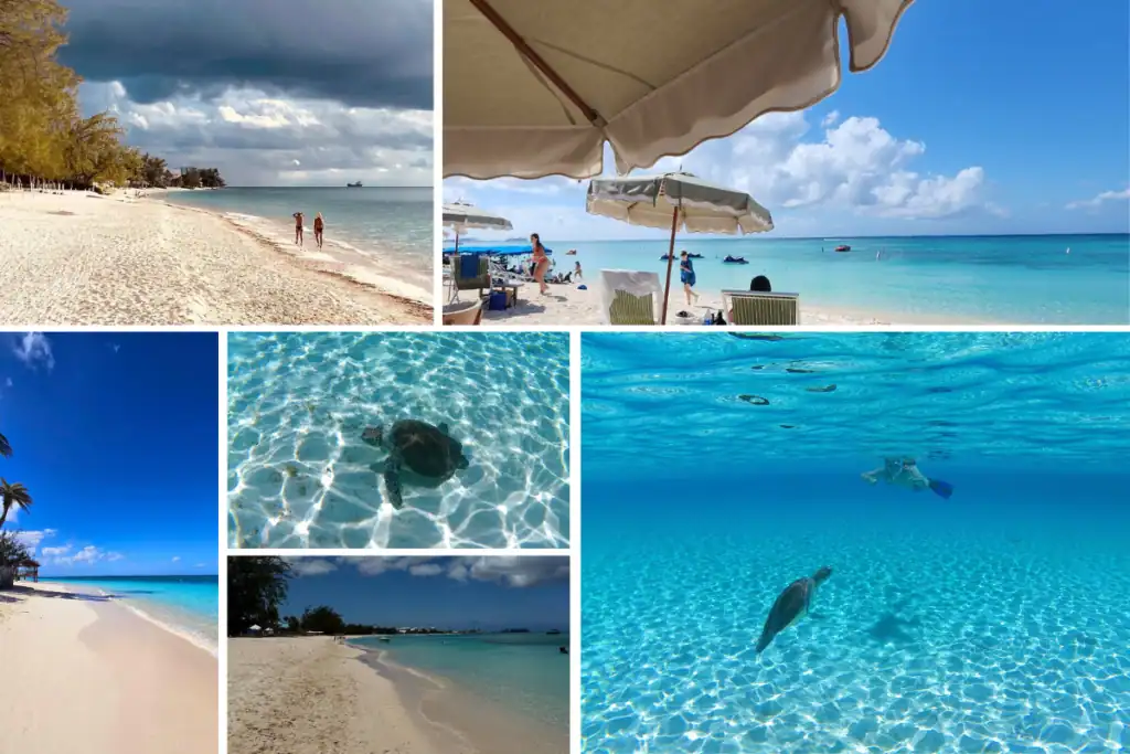 Seven Mile Beach in Grand Cayman with white sand, turquoise water, snorkeling and sea turtles